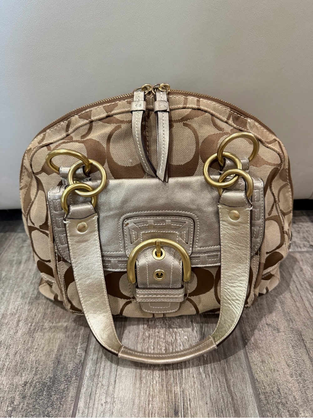 Coach Khaki Signature Dome Satchel with Metallic Trim